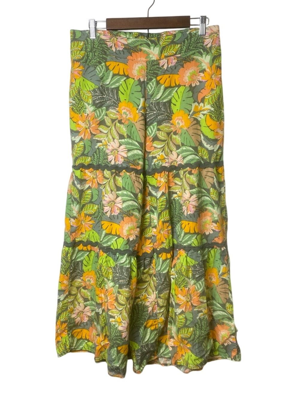 Fall Wide Leg Linen Blend Pants in Tropical Green Orange Cottage Petite Medium